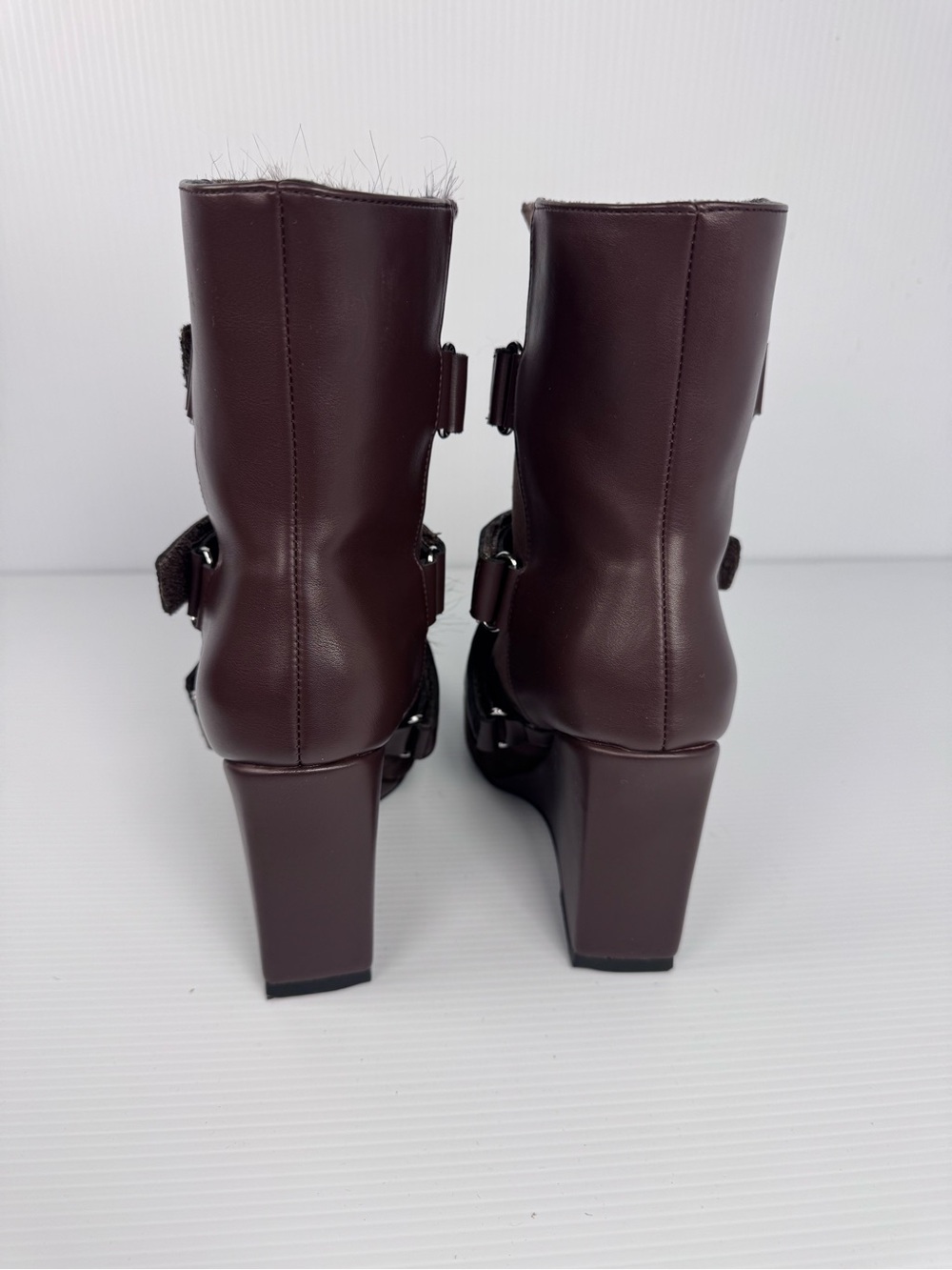 Azalea Wang Maranette Brown Faux Fur Strap Sz 6.5 & 7 Pointed Toe Wedge Heel - Picture 3 of 5